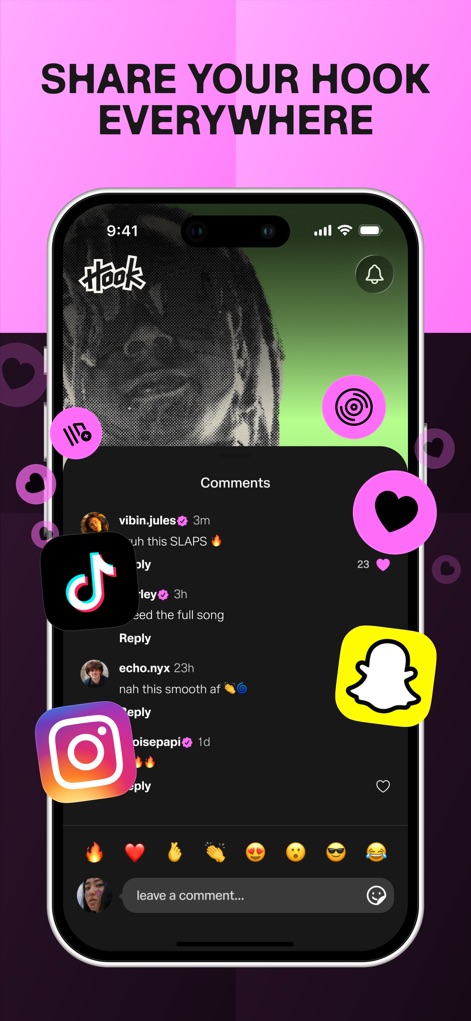 Hook - Remix & Mashup Maker - O compartilhamento é simplificado para diversas plataformas, com ícones visíveis para TikTok e Instagram, e um espaço para comentários para engajamento direto dos usuários.