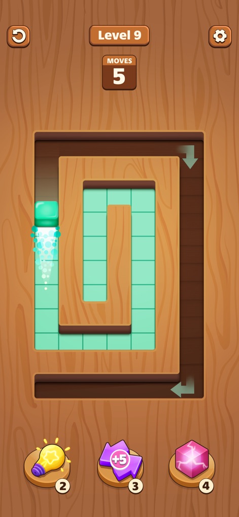 Maze Fill - See how the game's iconic green cube navigates a simple maze, leaving a clean color trail, while the "Moves" counter indicates strategic planning is crucial.