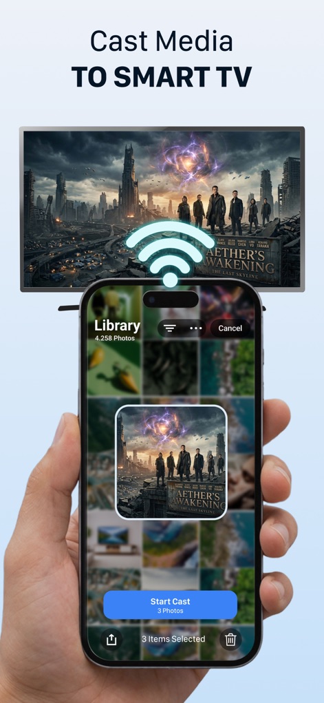 Castto: TV Cast, Screen Share - Users can easily select media from their iPhone's 'Library' interface, instantly casting chosen content like this movie poster onto the large Smart TV display.