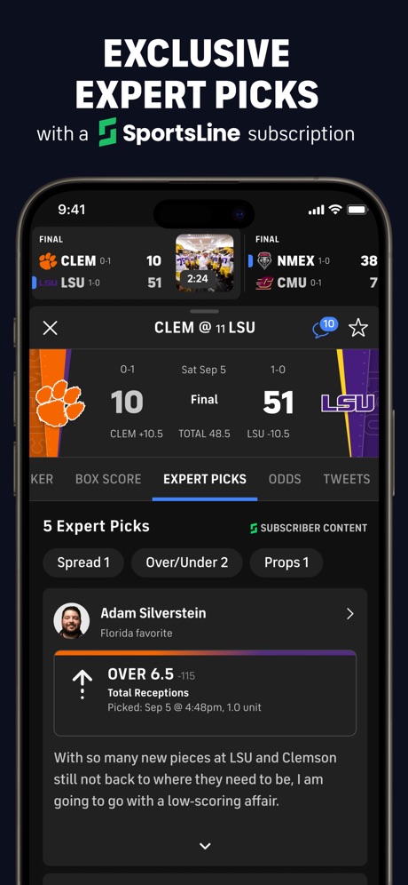 CBS Sports: Live Scores & News App Store screenshot 4, headline “EXCLUSIVE EXPERT PICKS”. Premium tone.