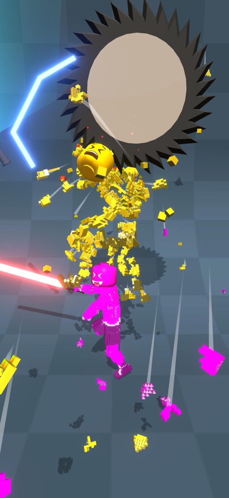 Draw Block Gladiator - Witness the satisfying destruction as the player's attack shatters a block enemy into countless pieces, while a menacing saw blade looms in the background, adding to the arena's challenge.