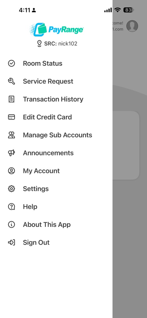 CleanPay Mobile - The intuitive side menu provides quick access to essential functionalities like 'Transaction History' for financial oversight and 'Room Status' to check machine availability.