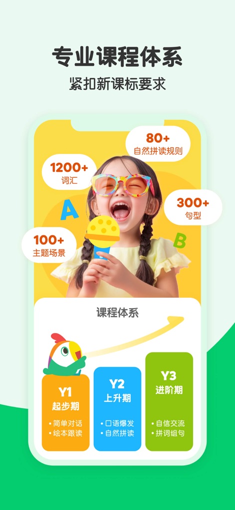 叽里呱啦 - The app presents a comprehensive curriculum map, detailing impressive statistics like 1200+ vocabulary words and a multi-stage learning progression from beginner to advanced.