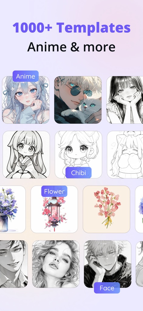 Trace Drawing App - Sketchify - El titular "1000+ Templates Anime & more" encabeza una extensa cuadrícula de imágenes organizadas por categorías como "Anime" y "Chibi", proporcionando una fuente inagotable de referencias visuales para los usuarios.