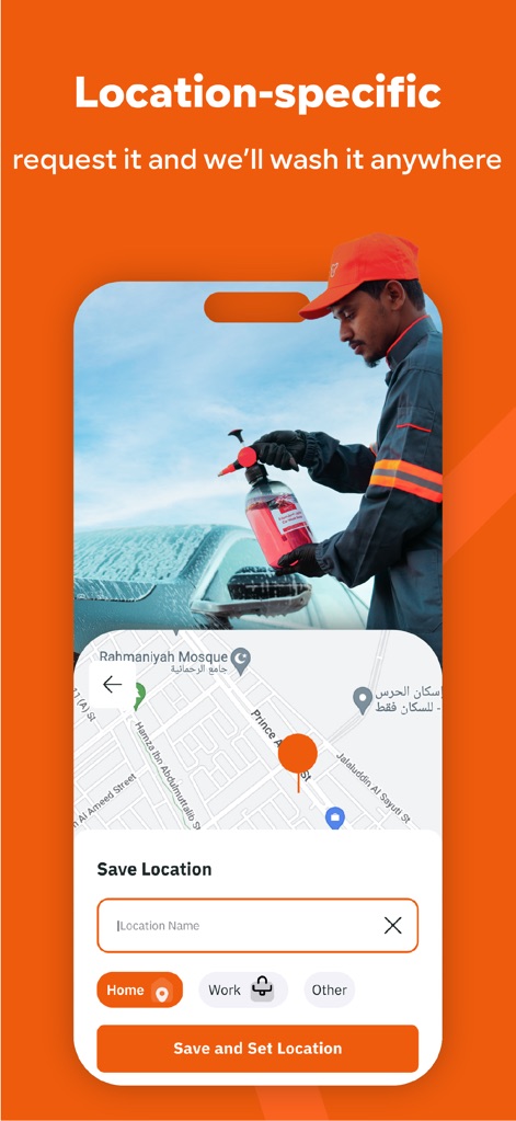 Sweater | Car Wash - O aplicativo simplifica a solicitação de serviço, permitindo que os usuários salvem locais como "Home" ou "Work" diretamente na interface, com um mapa interativo para pinpointar a exata localização.