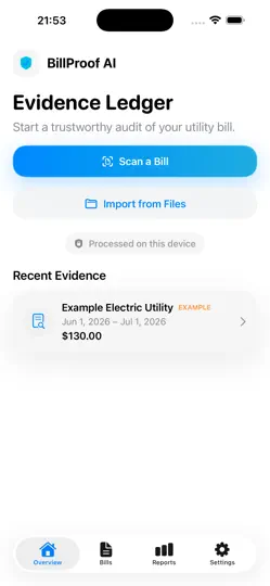Captura de pantalla de BillProof AI en iPhone 1