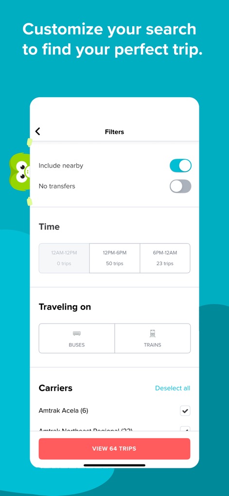 Wanderu: Bus & Train Tickets - ユーザーは「フィルター」機能を利用して、乗り換えの有無や「時間帯」で検索結果を絞り込み、パーソナライズされた旅程を見つけられます。
