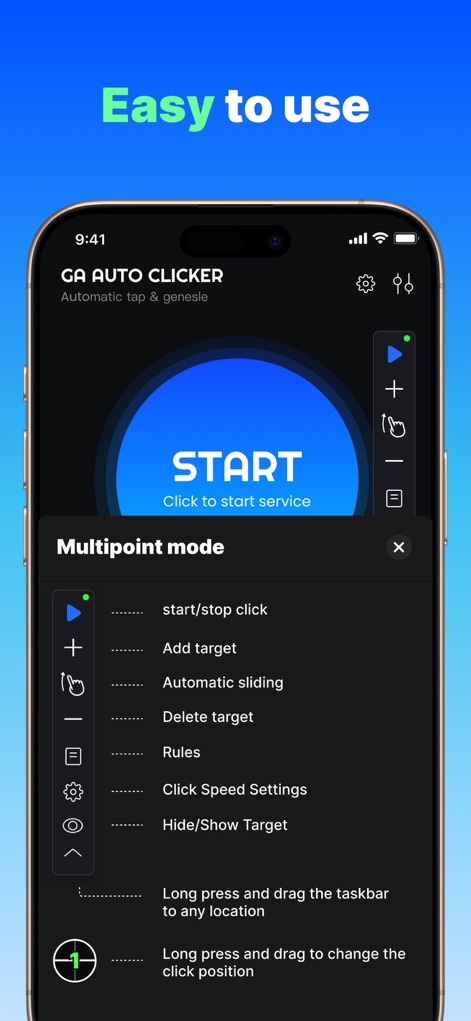 GA Auto Clicker - The app presents an "Easy to use" floating menu, clearly outlining functions like "start/stop click" and "Automatic sliding" with descriptive text for seamless operation.