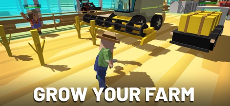 Simple Sandbox 2 - Discover the app's agricultural depth, with characters engaging with farming equipment like a harvester across expansive golden fields.