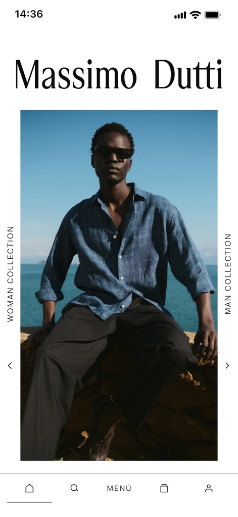 Massimo Dutti: Clothing store - The app inspires users with lifestyle-oriented fashion photography and provides intuitive navigation through the bottom bar and collection labels.