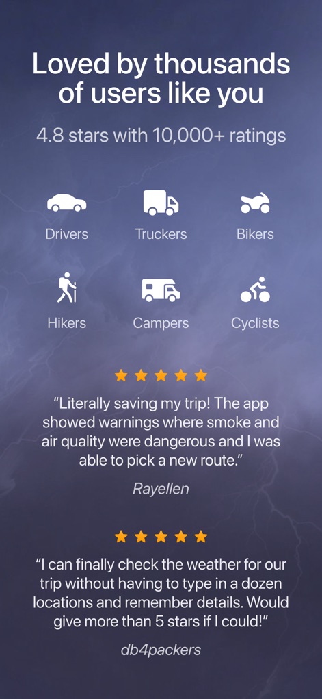 Weather on the Way - The app garners high user satisfaction, evidenced by glowing testimonials with five-star ratings and the broad appeal to diverse user types like truckers and hikers.