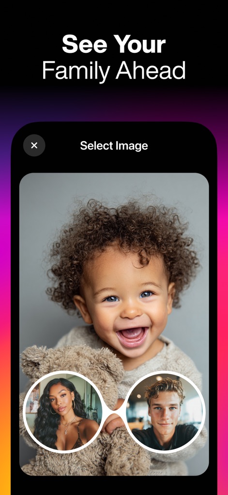 ReShoot: AI Photos & Edits - Esta función permite visualizar a un futuro hijo a partir de los rostros de dos adultos, como se muestra con la imagen de un bebé y las fotos de sus posibles padres.