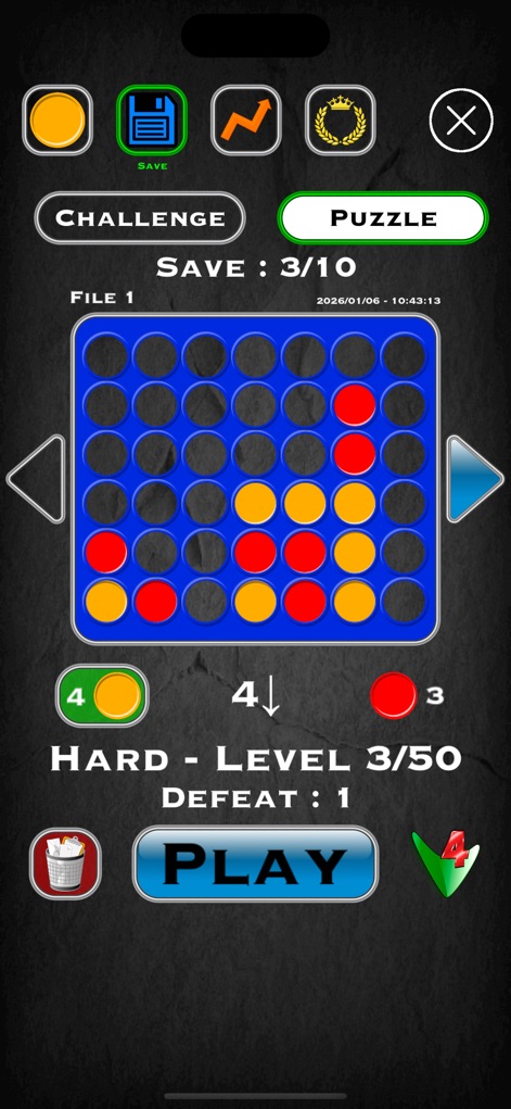 4 In A Row Board Game Connect - La aplicación muestra un práctico sistema de guardado, permitiendo a los usuarios reanudar partidas con el progreso actual del tablero y el nivel de dificultad indicado.