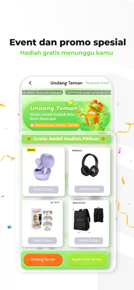Credinex-Cicilan & Paylater 0% - Gli utenti possono accedere a eventi e promozioni speciali, come il programma "Undang Teman" (Invita Amici) e l'opportunità di scegliere tra vari "Gratis Ambil Hadiah Pilihan" (regali gratuiti) mostrati in basso, incentivando l'engagement.