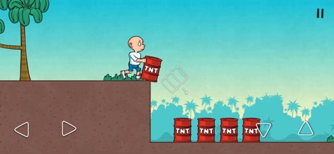 Plonky - Discover Plonky carefully transporting a TNT barrel past other explosive barrels, revealing the comical and strategic puzzle elements within the levels.