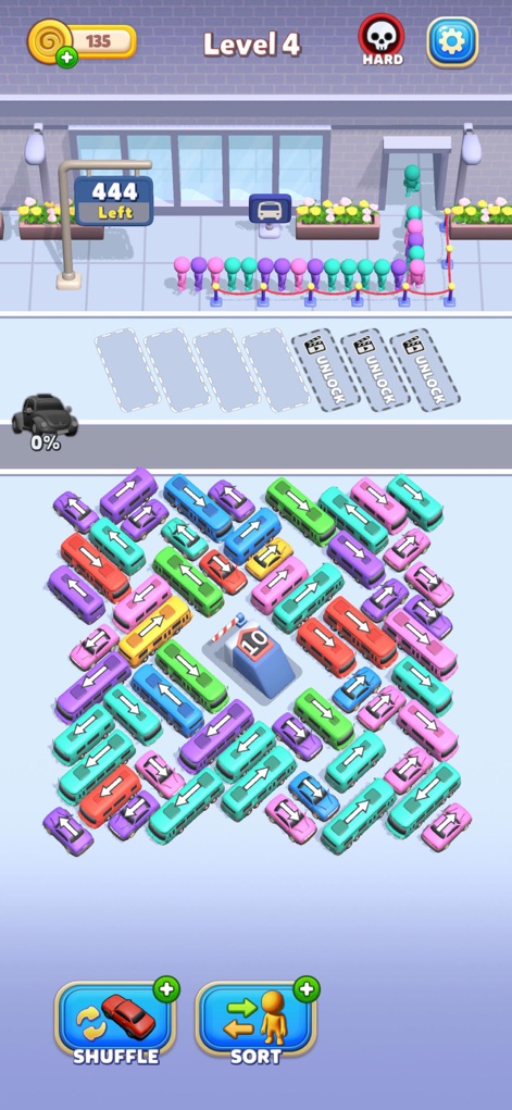Bus Mania - Car Parking Jam - O aplicativo apresenta um nível 'HARD' no 'Level 4', com um congestionamento extremo de veículos e slots 'UNLOCK' para desafios adicionais.
