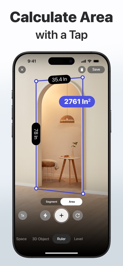 3D Snap: LiDAR Scanner & Ruler - Users can effortlessly calculate the area of surfaces like archways, with the app displaying both segment measurements and the total square inches.