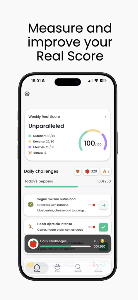 MyRealFood: Diet and recipes - Observe how the app tracks a user's "Weekly Real Score" with a dynamic progress indicator and presents actionable "Daily challenges" to enhance dietary habits.