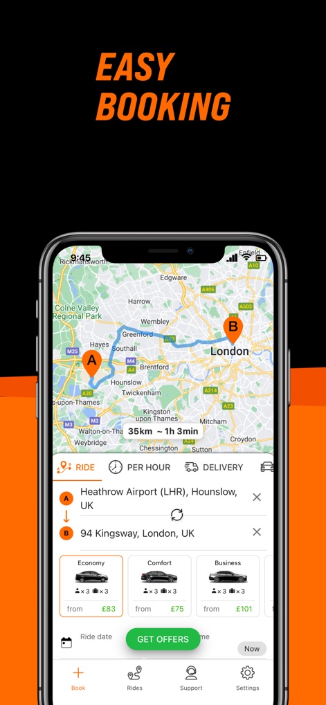 GetTransfer: Transfers & Rides - The interface simplifies booking with an intuitive map displaying pickup and drop-off points, complemented by clear car type options and their respective prices, such as 'Economy from £83'.