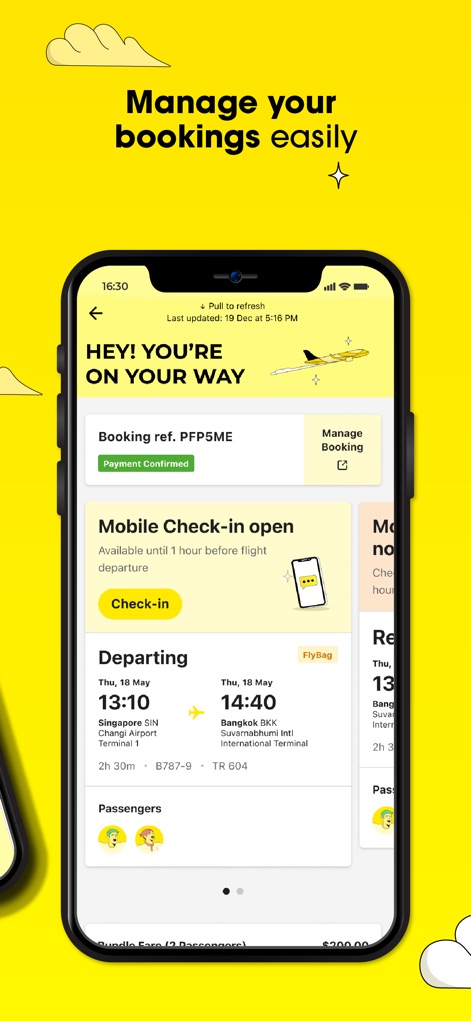 Scoot Mobile - Users can conveniently oversee their trip details with the clear "Booking ref. PFP5ME" display and initiate "Mobile Check-in" directly from this screen.