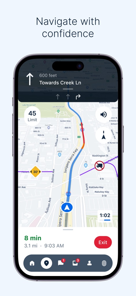 Samsara Driver - La aplicación ofrece guía de ruta en tiempo real con una 'velocidad límite' mostrada y la distancia restante hasta el próximo giro en '600 feet'.
