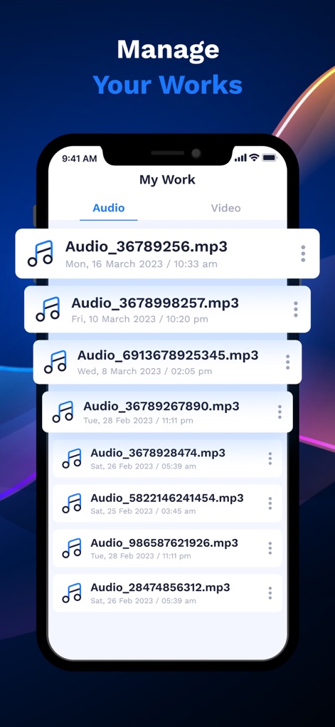AI Voice Generator - Prankster - The 'Manage Your Works' section provides a clear overview of saved projects, distinguishing between 'Audio' and 'Video' files with detailed timestamps and easy management options.