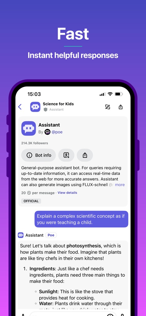 Poe – Fast AI Chat - Observe the app's rapid chat interface, featuring the 'Assistant' bot and a clear 'OFFICIAL' tag for trusted sources.