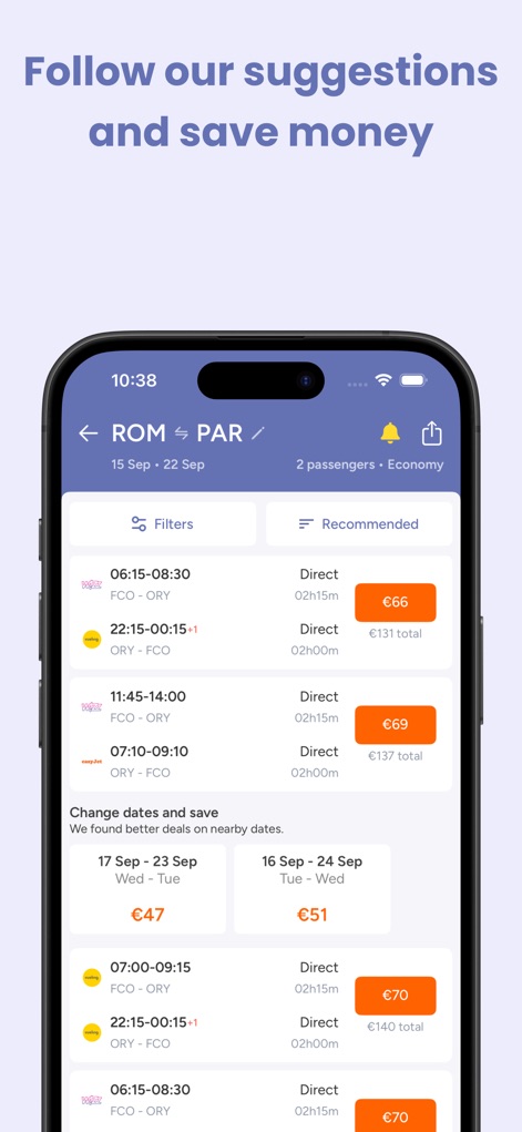 Jetcost: flights and cars - Optimisez votre budget voyage grâce à la fonctionnalité "Change dates and save" qui propose des dates alternatives avec leurs tarifs, et bénéficiez de l'affichage transparent des prix à côté de chaque offre de vol pour une décision éclairée.