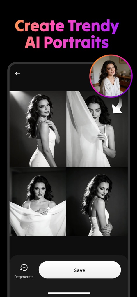 AI Video Generator : SelfyzAI - Users can effortlessly transform a single selfie into multiple studio-quality portraits with varied poses and aesthetic styles, ready to be saved or regenerated.