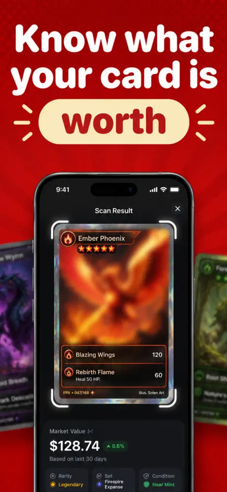 TCG Value Scanner screen showing a scanned card and market value