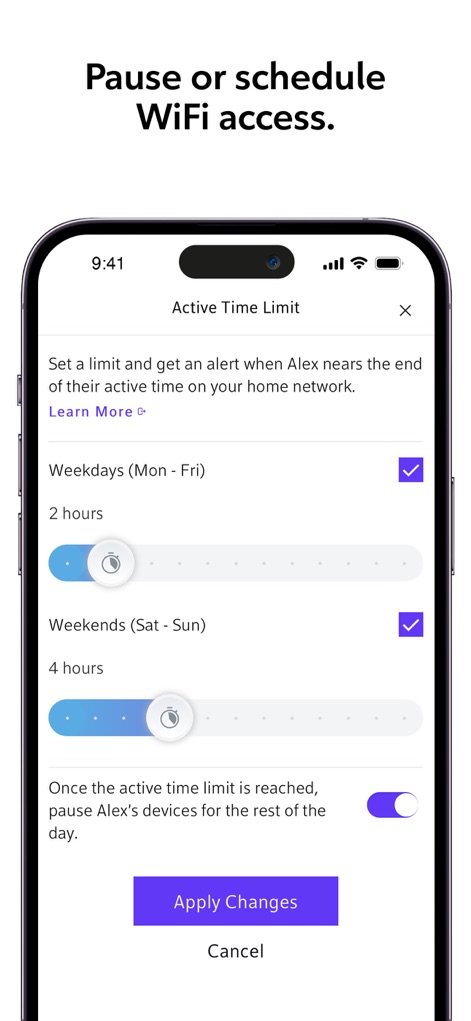 Rogers Xfinity - Users gain granular control over internet usage, adjusting WiFi limits with flexible weekday/weekend time sliders and confirming changes via the 'Apply Changes' button.