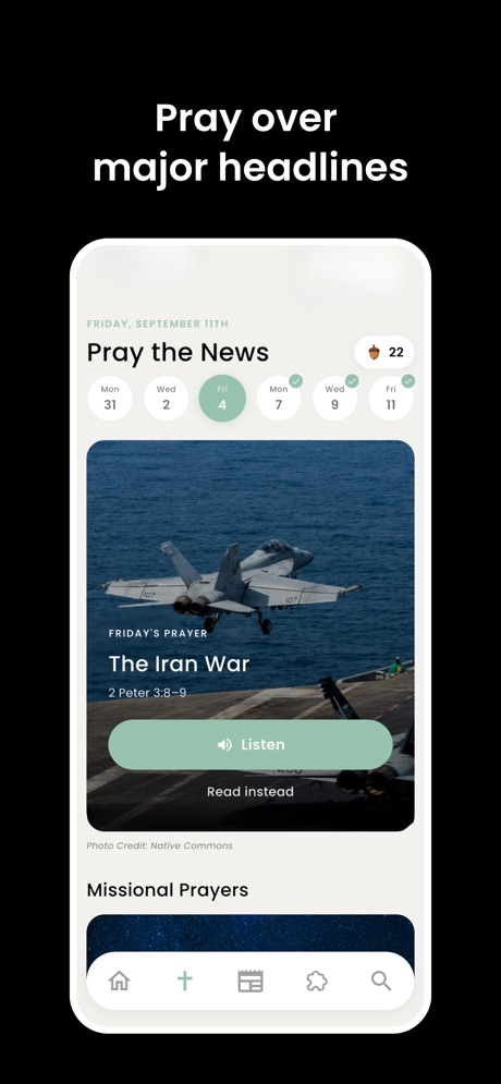 The Pour Over App Store screenshot 5, headline “Pray over major headlines”. Blue.