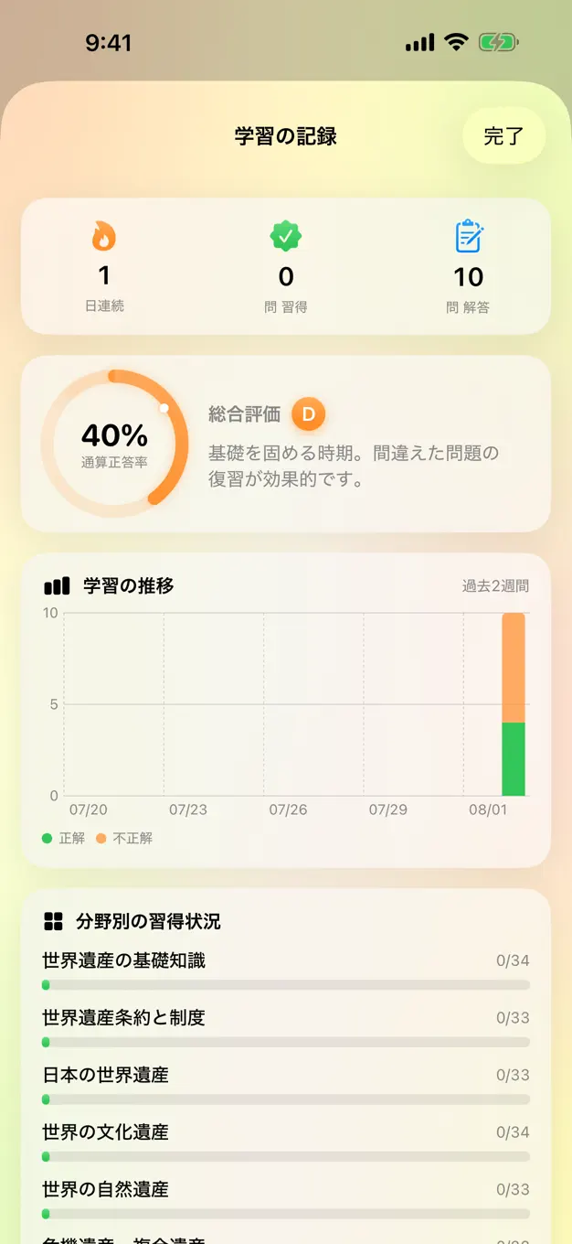 世界遺産検定3級のアプリ画面