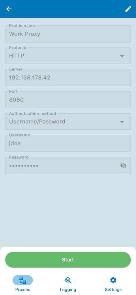 Super Proxy - Tunnel your apps - This view highlights the detailed proxy configuration form, allowing users to specify critical parameters like the Protocol type (HTTP) and server authentication credentials (Username and Password).