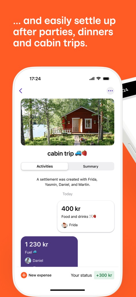 Vipps - This screen illustrates how the app simplifies group expense management, allowing users to track shared activities like a "cabin trip" and categorize individual contributions such as "Food and drinks" and "Fuel."