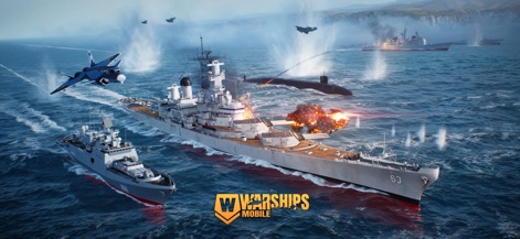 Warships Mobile: Naval Warfare - The app showcases a dynamic battle scene with an impressive array of modern warships and active fighter jets, highlighting the intense action and high-fidelity graphics.