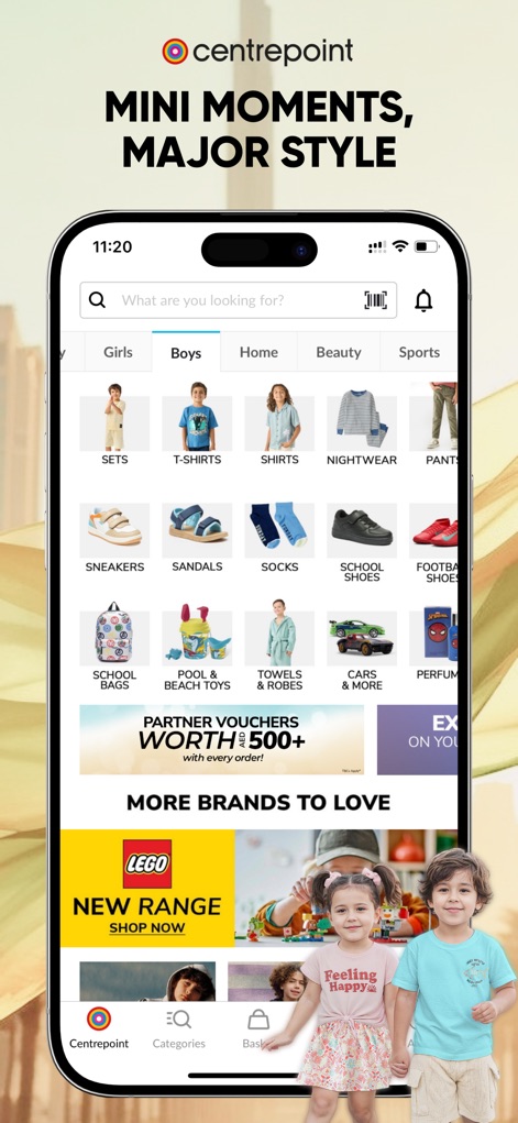 Centrepoint Online Shopping - The app showcases a dedicated section for children's items, displaying specific 'Boys' subcategories such as 'Sets' and 'T-Shirts' along with featured brands like 'Lego'.