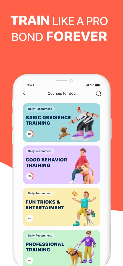 Dog Translator - Dog Talk - La aplicación presenta una lista de "Cursos para perros" con títulos claros como "Entrenamiento de obediencia básica", ofreciendo una estructura de aprendizaje, y cada curso tiene una barra de progreso visual que indica el avance.