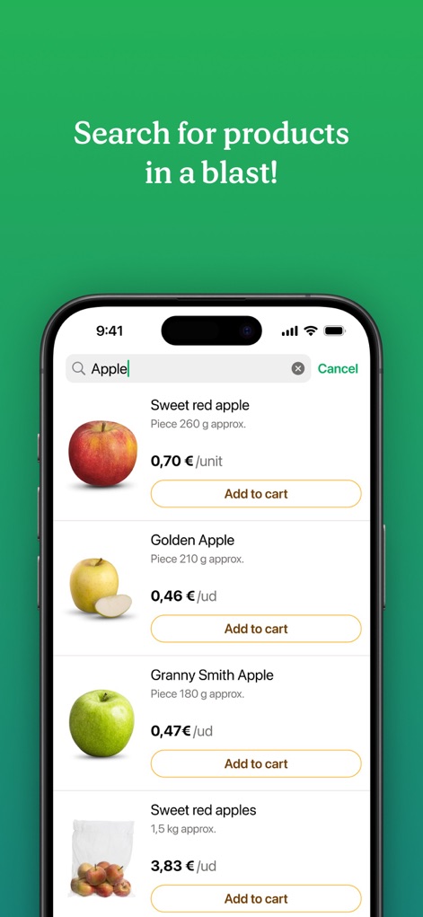 Mercadona - The app demonstrates powerful search functionality, displaying detailed product listings for 'Apple' varieties and providing clear 'Add to cart' buttons for immediate selection.
