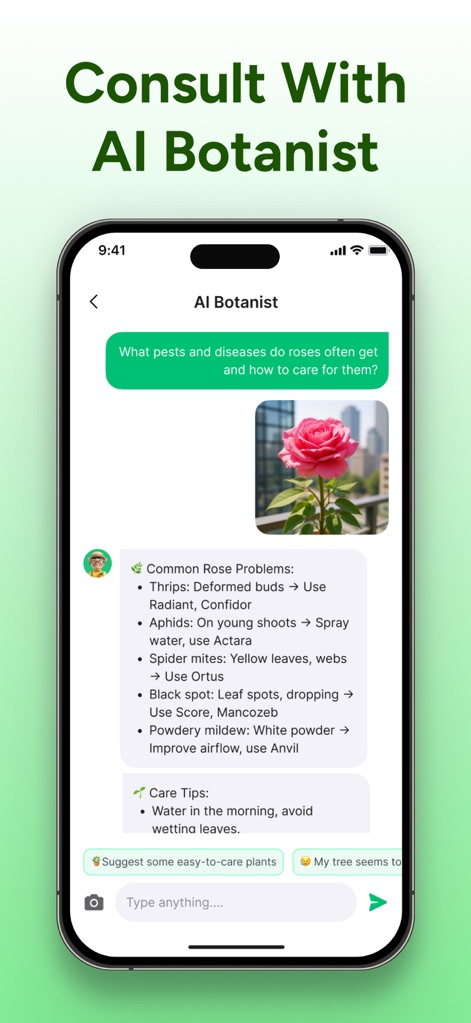 PlantCheck: Plant Identifier - Engage with the in-app AI Botanist through interactive chat bubbles, where users can 'Type anything...' for instant, tailored plant care advice.