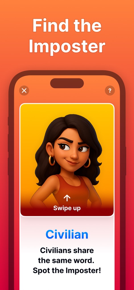 Imposter - Who is the Spy? - The screenshot showcases the "Civilian" role, detailing their shared word knowledge, and the intuitive "Swipe up" action.