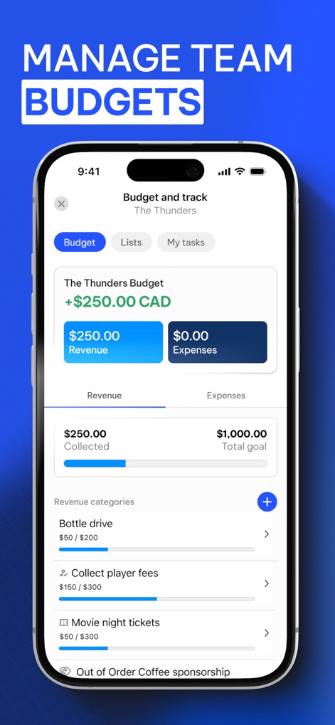 TeamLinkt - Sports Team App - Les utilisateurs peuvent gérer le budget de leur équipe, avec des sections distinctes pour les revenus et les dépenses, et la possibilité de catégoriser les sources de fonds comme les "ventes de bouteilles".
