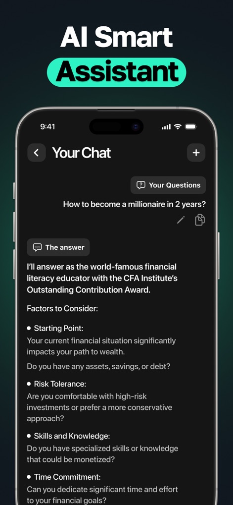 AI Chat Bot - My Assistant - このスマートアシスタントは、「2年でミリオネアになる方法」といった質問に対し、専門家からの視点で詳細な回答を提供します。
