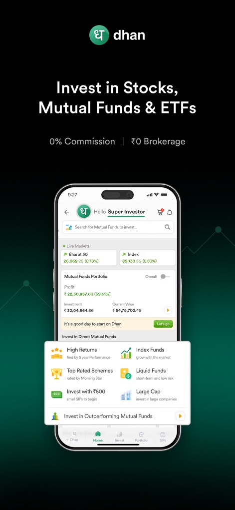 Dhan: Share Market Trading App - Les utilisateurs peuvent diversifier leurs placements à travers les "Mutual Funds" et les "ETFs", bénéficiant d'un "0% Commission" pour des frais réduits.