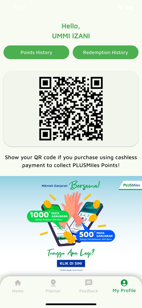 PLUS App (Official) - L'app permette agli utenti di accedere al proprio profilo, dove possono visualizzare un QR code per accumulare punti PLUSMiles e tenere traccia della cronologia dei punti e dei riscatti.