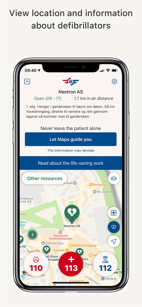 Hjelp 113 - This tool allows users to view nearby defibrillator locations on a map and access vital information, including operating hours and precise directions, for rapid assistance.