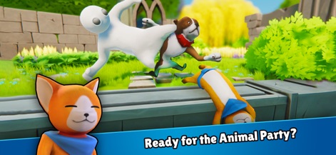 Battle Gang－Beast Fight Games - See how Battle Gang－Beast Fight Games features a white dog character engaging a brown bulldog in a physics-driven fight within a vibrant garden-like arena.
