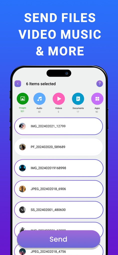 Smart Switch: Copy my data - La interfaz de esta captura permite seleccionar archivos por categorías como 'Imágenes' o 'Videos' antes de la transferencia, con un botón 'Send' claramente visible para iniciar el proceso.
