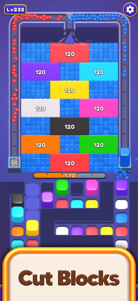 Bounce Blast 3D - Observe the methodical breaking of diverse block patterns, facilitated by strategically launched blocks and measured through a clear progress indicator.