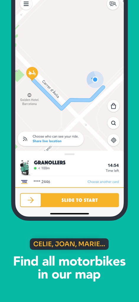YEGO Mobility - Explore the intuitive interface where users can locate available motorbikes on an interactive map and initiate their ride using the prominent "Slide to Start" function.